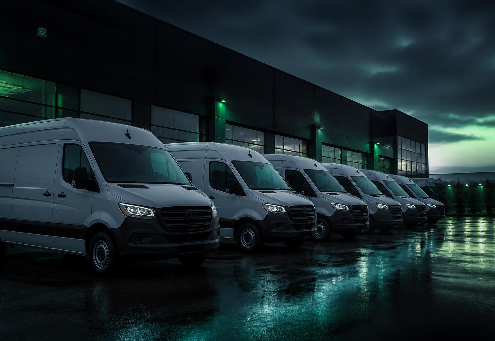 Moderne Zustellfahrzeuge der Beyond Borders GmbH Flotte am Depot